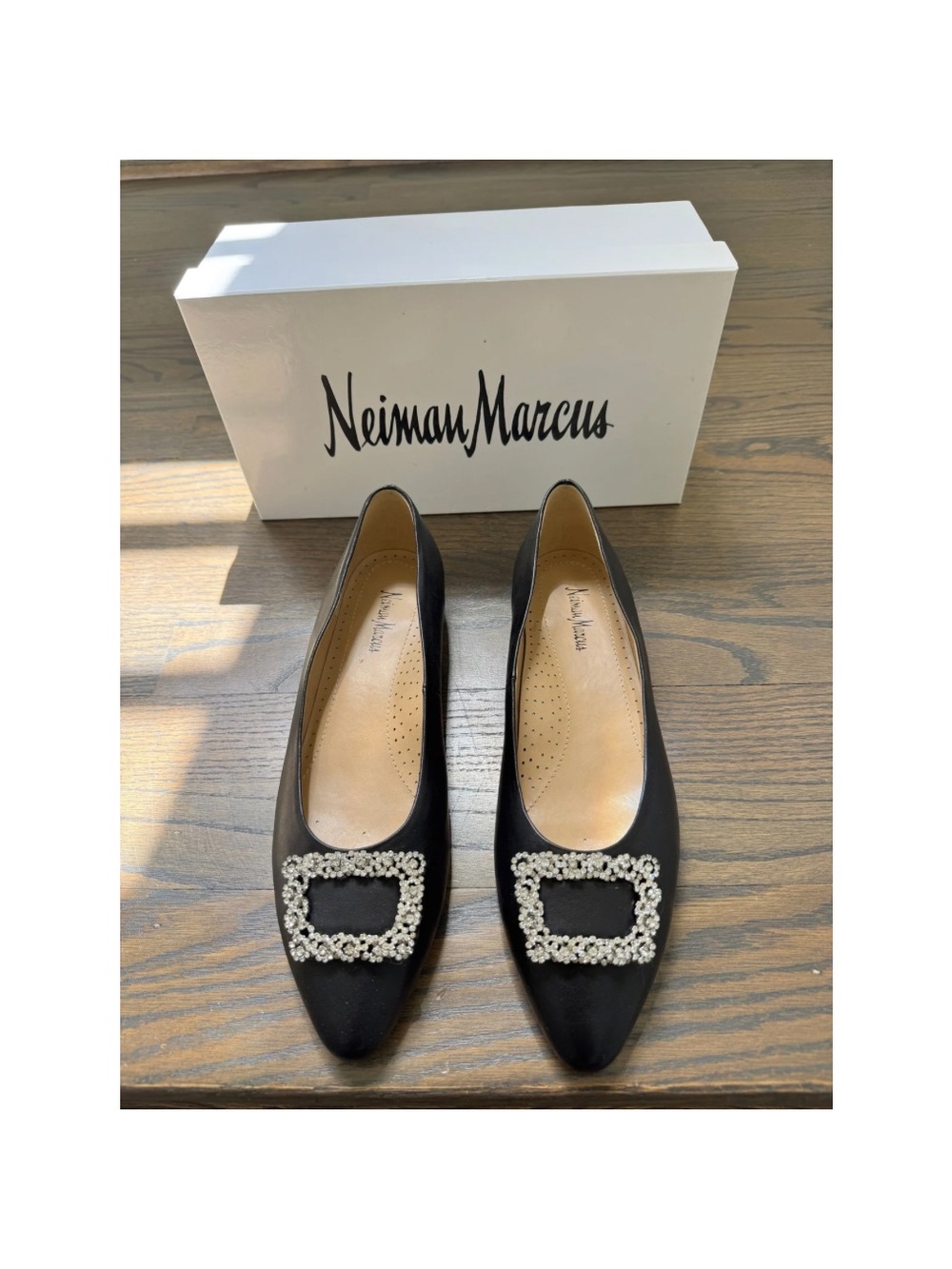 ✨ Neiman Marcus Crystal Buckle Ballet Flats Black Leather Sz 10 NIB